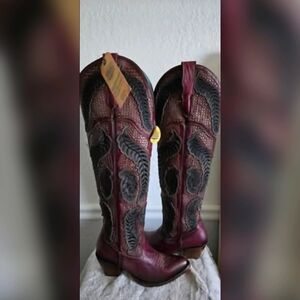 Women’s Burgundy Western Embroidered Leather Knee-High Boots